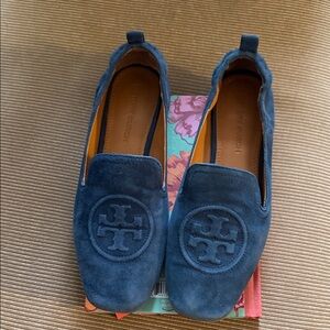 Tory Burch Dark Blue Suede Logo Slip-Ons